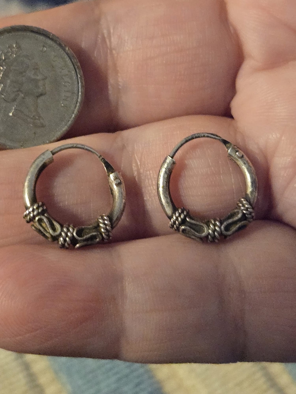 Vintage Sterling Silver Rope Accent Hoop Earring - Blackened Silver
